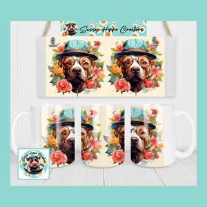 Ceramic Coffee Mug Pit Bull Dog Puppy Hat Anthropomorphic Flowers 15oz Sublimate